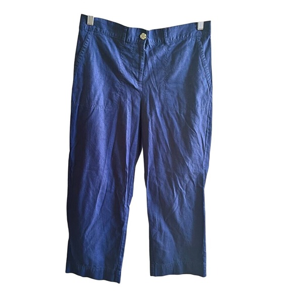 Talbots Pants - Talbots Navy Blue Linen Cotton Blend Elastic Back Crop Pants‎ Size 10 (K446)
